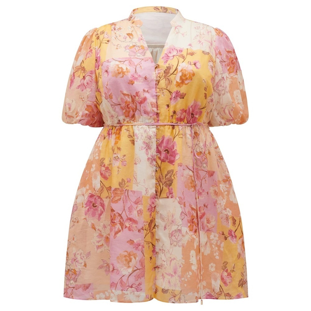 Ever New Floral Puff-Sleeve Pink & Mustard Mini Dress NWT Size 14 - Picture 9 of 16